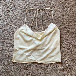 Yellow satin cowl neck strappy low back crop top